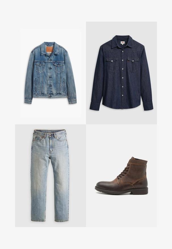 Helle blaue Jeansjacke mit klassischem Design, Knopfverschluss, zwei Brusttaschen und einem Leder-Logo-Patch am Kragen.; Dunkelblaues Denimhemd mit spitzem Kragen, Druckknöpfen und Brusttaschen. Mit Ziernähten und langen Ärmeln versehen.; Helle blaue Jeans mit hoher Taille, Frontknopf, Reißverschluss und fünf Taschen-Design, flach auf einem neutralen Hintergrund ausgelegt.; Jack & Jones JFWDELANEY BOOT - Schnürstiefelette - cognac