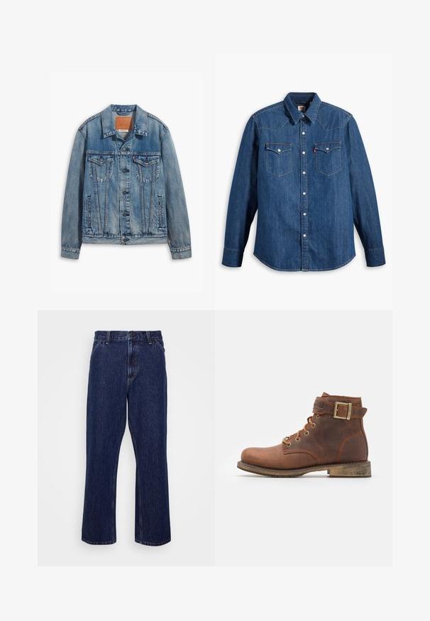 Helle blaue Jeansjacke mit klassischem Design, Knopfverschluss, zwei Brusttaschen und einem Leder-Logo-Patch am Kragen.; Dunkelblaue Jeanshemd mit langen Ärmeln, spitzem Kragen und Druckknöpfen. Verfügt über zwei Brusttaschen mit Klappen und kontrastierenden Nähten.; Dunkelblaue Jeans aus Denim mit geradem Bein, ausgestattet mit einem Knopfverschluss, Fünf-Taschen-Style und dezenten Nähten.; Harley Davidson VNTGMOTO SHORT RIDING APPROVED - Cowboy-/Bikerstiefelette - brown