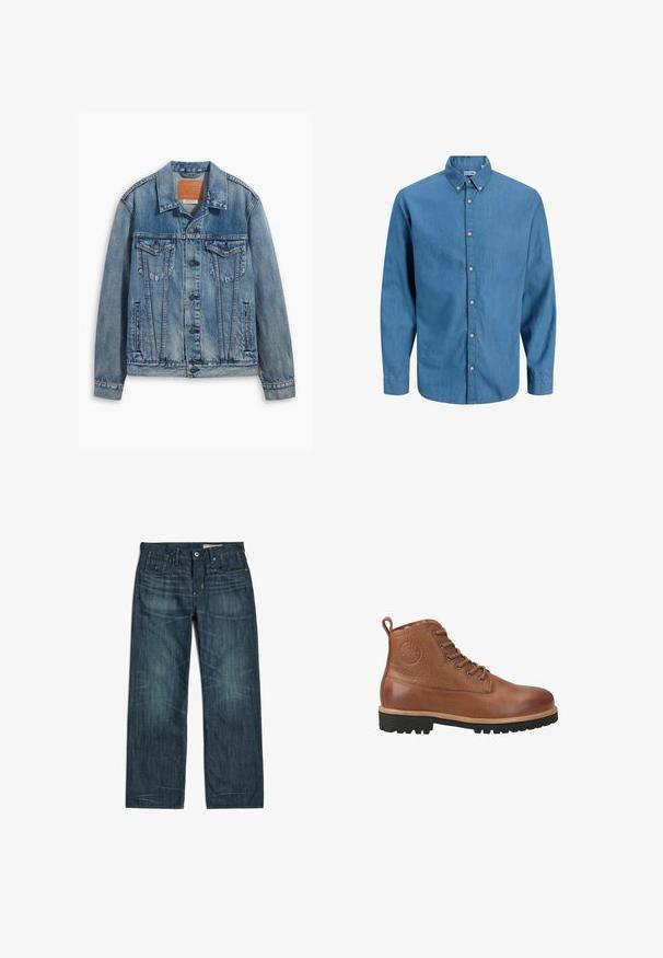 Helle blaue Jeansjacke mit klassischem Design, Knopfverschluss, zwei Brusttaschen und einem Leder-Logo-Patch am Kragen.; Blaue Hemdbluse aus Denim mit Kragen und langen Ärmeln. Schlichte Textur mit sichtbaren Knöpfen auf der Vorderseite.; Dunkelblaue Jeans mit geradem Bein, vorderem Knopf- und Reißverschluss, fünf Taschen und dezenten, ausgeblichenen Falten an Oberschenkeln und Knien.; Blackstone Schnürstiefelette - braun