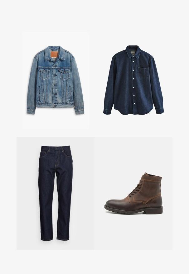 Lichtblauwe denimjack met een klassiek ontwerp, knoopsluiting, twee borstzakken en een leren merkpatch op de kraag.; Donkerblauw denim overhemd met lange mouwen, knopen, kraag en één borstzak, getoond tegen een witte achtergrond.; Donkerblauwe spijkerbroeken met een rechte snit, vijf zakken en contrasterende gele stiksels. Ontworpen met een klassieke knoop- en ritssluiting.; Jack & Jones JFWDELANEY BOOT - Veterboots - cognac