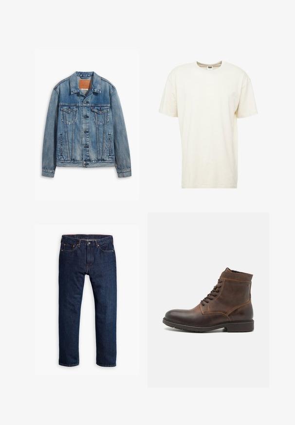 Lyseblå denimjakke med klassisk design, knaplukning, to brystlommer og en lædermærke ved kraven.; T-shirt med korte ærmer og rund hals i lys cremefarve. Fremstillet af blødt bommateriale med en afslappet pasform og minimale sømme.; Person iført mørkeblå straight-leg jeans, hvide sneakers og en olivengrøn sweatshirt, hænder i lommerne, står mod en grå baggrund.; Jack & Jones JFWDELANEY BOOT - Snørestøvletter - cognac