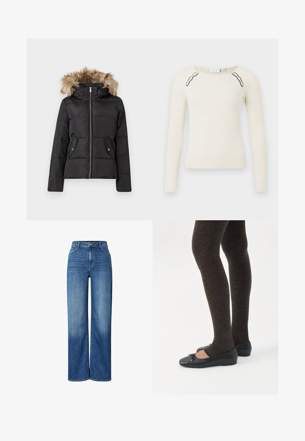 Doudoune noire avec fermeture éclair à l'avant, deux poches à boutons-pression et capuche bordée de fausse fourrure marron.; Top à manches longues côtelé en blanc cassé avec un col rond et des accents noirs contrastants sur les épaules. Texture en tricot, design ajusté.; Jeans en denim bleu à jambe large avec taille haute, présentant des zones décolorées, un design traditionnel à cinq poches et une fermeture à bouton à l'avant.; Jambes portant des leggings côtelés foncés associés à des ballerines noires avec de petits détails en nœud sur fond blanc.