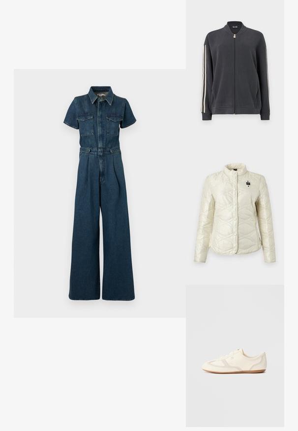 Veste matelassée blanche avec fermeture à boutons-pression, col montant, motif discret de points ondulés, et une petite étiquette noire et blanche sur la poitrine.; Good American FIT FOR SUCCESS PLEATED WIDE LEG - Combinaison - indigo; Sweat-shirt gris foncé à zip avec col montant, doté de bandes blanches sur les côtés et de poignets côtelés. Confectionné dans un tissu doux sans motifs apparents.; Baskets couleur crème avec une tige en daim et tissu, un bout arrondi, et une semelle en caoutchouc avec un détail accent beige. Fermeture à lacets.