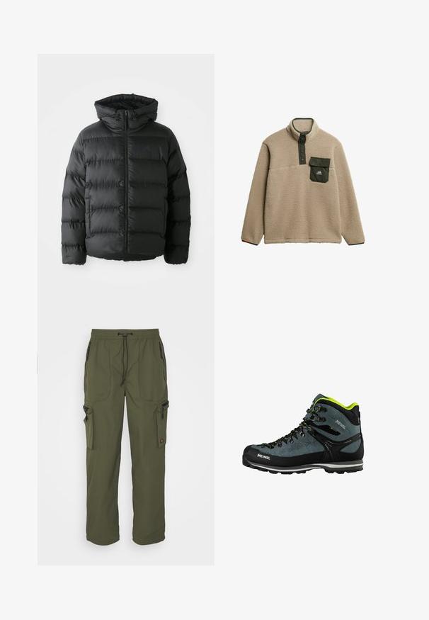 Veste doudoune noire avec une fermeture éclair sur le devant, capuche et sections horizontales cousues. Présente une surface texturée et un accent logo sur la poitrine.; Pull en polaire beige avec un col montant, patte de boutonnage verte et une poche poitrine. Le matériau a une finition douce et texturée. Logo de montagne sur la poche.; Pantalons cargo vert olive en tissu léger, avec une taille élastique, un système de fermeture à cordon, et plusieurs poches zippées.; Bottes de randonnée en suède gris foncé et caoutchouc noir, avec des accents jaunes, des lacets et une semelle durable à crantage pour une meilleure traction.