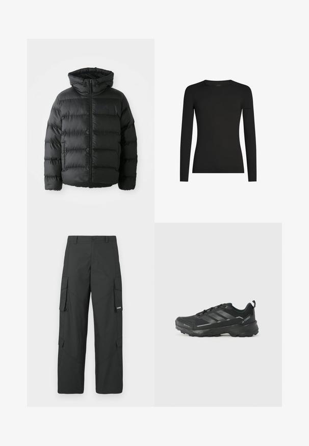Veste doudoune noire avec une fermeture éclair sur le devant, capuche et sections horizontales cousues. Présente une surface texturée et un accent logo sur la poitrine.; Chemise noire à manches longues, ajustée, avec col ras du cou, arborant un logo Icebreaker discret sur la manche gauche, présentée sur un fond blanc.; Pantalons cargo noirs à jambes droites avec poches latérales à rabat, fermeture à bouton, passants de ceinture et petit logo blanc sur le rabat de la poche droite.; Chaussure de sport noire avec un dessus en tissu texturé, trois rayures argentées, un orteil renforcé et une semelle en caoutchouc robuste pour une meilleure adhérence.