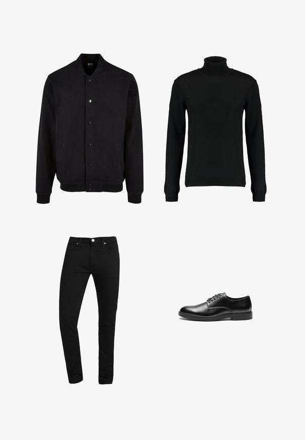 Chaqueta bomber negra confeccionada en tejido suave con un diseño sin cuello, cierre de botones a presión y dos bolsillos laterales. Presenta puños y dobladillo acanalados.; Suéter negro de cuello alto en un tejido de punto suave, con mangas largas y una silueta ajustada. Puños y dobladillo acanalados.; Vaqueros negros ajustados con bolsillos frontales, trabillas, cierre de botón y costuras visibles sobre un fondo blanco.; Zapato de vestir de cuero negro con acabado liso, puntera redondeada, diseño de cordones con seis ojales y suela de goma plana.