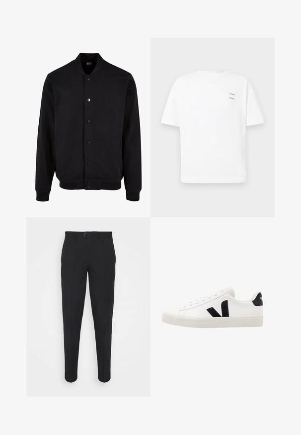 Chaqueta bomber negra confeccionada en tejido suave con un diseño sin cuello, cierre de botones a presión y dos bolsillos laterales. Presenta puños y dobladillo acanalados.; Camiseta de algodón blanca con un corte relajado, mangas cortas y escote en V. Presenta dos pequeños logotipos negros impresos en el lado izquierdo.; Pantalones negros con un diseño ajustado, corte entallado y cierre de botón. Textura suave con un acabado nítido y sin patrones o acentos visibles.; Zapatilla de cuero blanca con acentos de ante negro; presenta una suela de goma, puntera redonda y un diseño clásico de cordones. Logo lateral en negro.