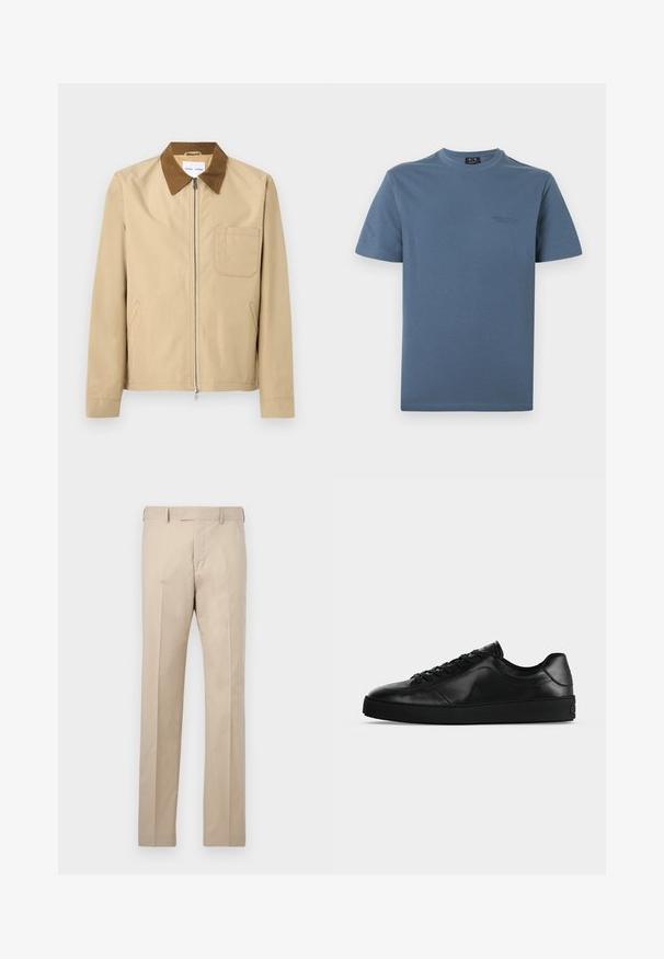Veste beige à fermeture éclair avec col marron, manches longues, poche poitrine à gauche et deux poches latérales.; T-shirt bleu à col rond et manches courtes avec un logo Armani Exchange discret sur le côté gauche de la poitrine, sur fond blanc.; Pantalon de costume beige à jambe droite avec passants pour ceinture, fermeture éclair avant et plis, sur un fond uni.; Sneaker noir en cuir à profil bas avec lacets sur le devant et semelle plate texturée, montré de profil sur un fond neutre.
