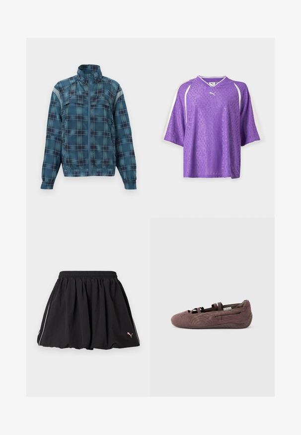 Veste zippée à carreaux bleus et noirs avec col haut, manches longues, ourlet élastique et patchs réfléchissants sur les bras supérieurs.; T-shirt de sport à manches courtes Purple Puma violet avec un motif floral subtil et des bandes blanches sur les manches sur fond uni.; Jupe courte sportive noire avec taille élastique, liseré blanc sur le côté et petit logo Puma sur le côté inférieur droit.; Ballerine plate en suède marron avec des lanières élastiques et une semelle texturée, vue de profil sur un fond clair uni.