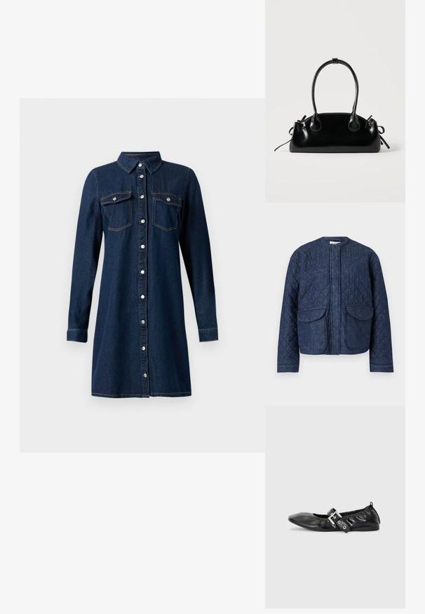 Gepatchte Jeansjacke in Dunkelblau. Mit Rundhalsausschnitt, Frontreißverschluss und zwei großen Klappentaschen. Glatte Textur mit sichtbaren Nähten.; Dunkelblaues Denim-Hemdkleid mit langen Ärmeln und Kragen, silberne Druckknöpfe vorne und zwei Brusttaschen mit Klappen und Druckknöpfen.; Schwarze Leder-Ballerinas mit spitzem Zehenbereich, gerafften Details am Schaft und einem silbernen Schnallenakzent am verstellbaren Riemen.; Kleine schwarze glänzende Handtasche mit zwei langen Griffen und seitlichen Kordelzug-Details vor einfachem hellem Hintergrund.