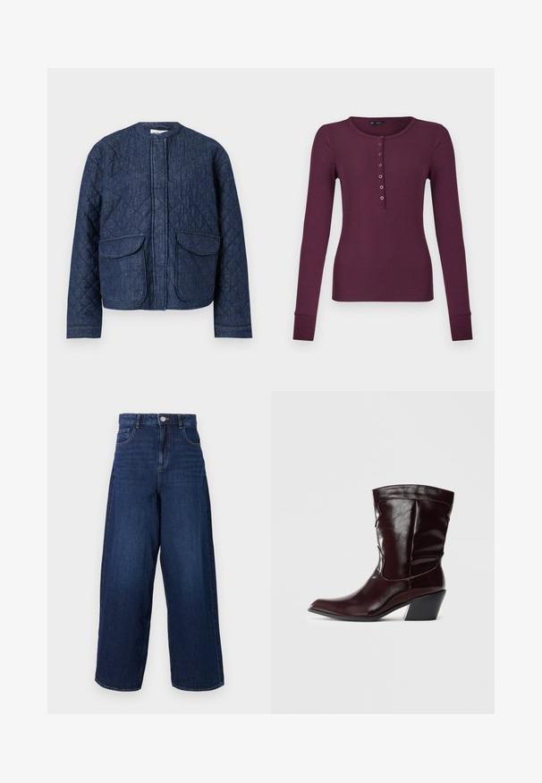 Gepatchte Jeansjacke in Dunkelblau. Mit Rundhalsausschnitt, Frontreißverschluss und zwei großen Klappentaschen. Glatte Textur mit sichtbaren Nähten.; Langarm-Rippstrick-Henley-Shirt in dunklem Pflaumenbaum mit sieben Knöpfen und gepufften Ärmeln.; Hellblaue weite Denim-Jeans mit hoher Taille, fünf Taschen und einem Knopfverschluss. Der Stoff hat eine glatte Textur mit dezentem Verblassen.; Bordeauxfarbene Leder-Stiefeletten mit spitzem Schnitt, strukturierten Oberflächen und einem schmalen, niedrigen Absatz. Verfügen über dezente Nähte und einen engen Sitz.