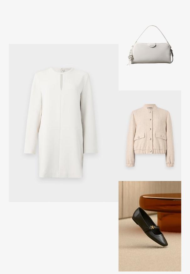 Chaqueta bomber de tweed crema con cuello redondo de canalé, botones plateados, dos bolsillos frontales y puños y dobladillo de canalé.; Vestido blanco de manga larga con un escote redondo, que cuenta con un cierre de cremallera central y un diseño de corte recto, hecho de una tela suave.; Zapato plano de cuero negro con puntera puntiaguda y logo dorado de CK en la correa, colocado sobre una alfombra beige cerca de una mesa redonda marrón ámbar.; Bolso rectangular blanco de Calvin Klein con un solo asa, diseño minimalista y borlas decorativas con un charm metálico geométrico en el lateral.