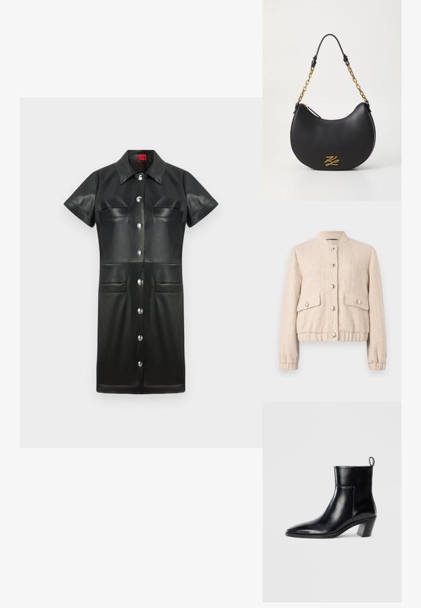 Chaqueta bomber de tweed crema con cuello redondo de canalé, botones plateados, dos bolsillos frontales y puños y dobladillo de canalé.; Vestido de cuero negro con mangas cortas, cuello, cierre de botones en la parte delantera y dos bolsillos en el pecho. Presenta herrajes de plata y una textura suave.; Botín de piel negra hasta el tobillo con punta afilada, tacón apilado geométrico y una lengüeta en la parte posterior. Textura suave y diseño elegante.; Bolso de hombro de cuero negro con forma curva, detalles en herrajes dorados y correa de cadena. Cuenta con un cierre de cremallera y detalle de logo de la marca.