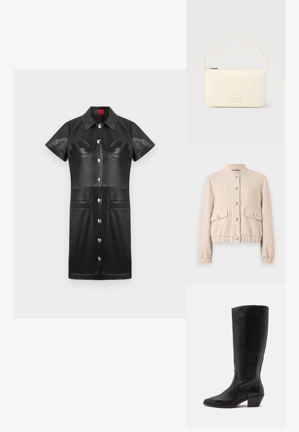 Creme farvet tweed bomberjakke med rund ribbet krave, sølvknapper, to frontlommer samt ribbede mansjetter og kant.; Sort læderkjole med korte ærmer, krave, knapfront og to brystlommer. Har sølv hardware og en glat tekstur.; Sort læderstøvle til midtkalv med spids tå og lavt skråt hæl på en enkel lys baggrund.; Kremfarvet rektangulær håndtaske med en enkelt rem og lynlås øverst, med en lille præget logo-plakette foran.