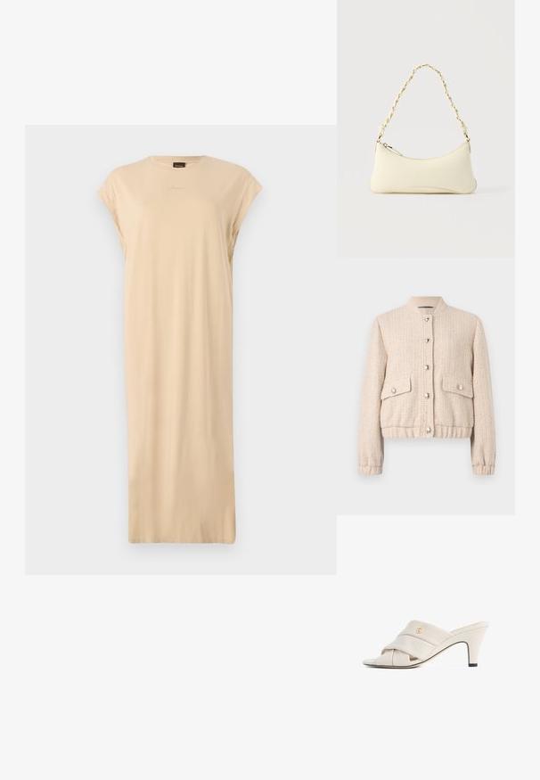 Veste bomber en tweed crème avec un col rond côtelé, des boutons argentés, deux poches avant et des poignets et un ourlet côtelés.; Robe beige de longueur genou en coton doux. Présente un décolleté rond et de courtes manches à volant. Design simple et dépouillé sans motifs.; Mules à talons hauts beiges avec un design de bride en cuir torsadé, bout ouvert et motif de logo en relief. Le talon présente un détail d'embout noir.; Petit sac à main couleur crème avec une forme incurvée et une poignée en chaîne torsadée ton or, fermeture éclair sur le dessus