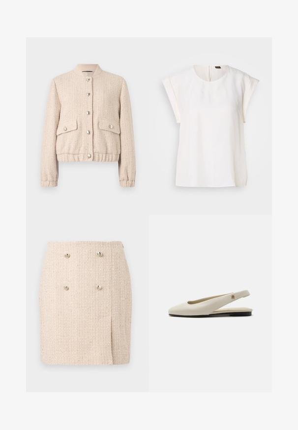 Chaqueta bomber de tweed crema con cuello redondo de canalé, botones plateados, dos bolsillos frontales y puños y dobladillo de canalé.; Blusa blanca de manga corta con cuello redondo y corte holgado, con una pequeña etiqueta negra y naranja en la parte trasera del cuello.; Falda texturizada beige con un patrón tejido, que presenta dos botones plateados prominentes en la parte delantera y un dobladillo ligeramente asimétrico.; Zapato plano slingback de cuero color crema con puntera redondeada y pequeño emblema dorado en la correa.