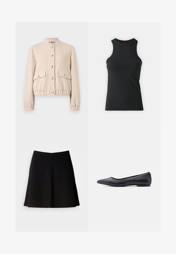 Creme farvet tweed bomberjakke med rund ribbet krave, sølvknapper, to frontlommer samt ribbede mansjetter og kant.; Sort ærmeløs tanktop lavet af strækbart stof. Har en rund hals og en tætsiddende silhuet med minimale syninger.; Sort flagrende nederdel lavet af blødt stof, med en tætsiddende talje og sømdetaljer. Glat tekstur med et enkelt, klassisk design.; Sort flad lædersko med spidst tåparti og lav hæl, vist i sideprofil mod en hvid baggrund.