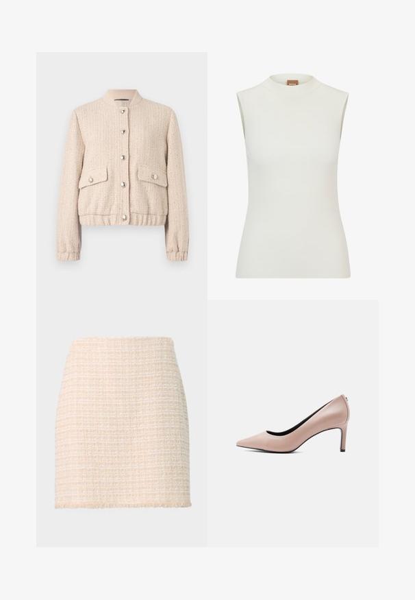Creme farvet tweed bomberjakke med rund ribbet krave, sølvknapper, to frontlommer samt ribbede mansjetter og kant.; Hvid, ærmeløs top med høj halsudskæring, der har en ribbet tekstur og et tætsiddende design. Brandlabel "BOSS" synlig på kraven.; Beige tweed mini nederdel med et struktureret ternet mønster, frynset kant og lige silhuet, lavet af blødt, vævet stof.; Beige spids-tå højhælet sko med en slank stilet-hæl på en ensfarvet hvid baggrund.