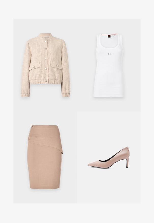Creme farvet tweed bomberjakke med rund ribbet krave, sølvknapper, to frontlommer samt ribbede mansjetter og kant.; Hvid bomulds tanktop med ribbet tekstur, der har en rund halsudskæring og et lille sort broderet logo på forsiden.; Beige knælang blyantskørt, lavet af ribbet stof, med en draperet forside og en sølvfarvet lynlåsdetalje i siden. Glat tekstur.; Beige spids-tå højhælet sko med en slank stilet-hæl på en ensfarvet hvid baggrund.