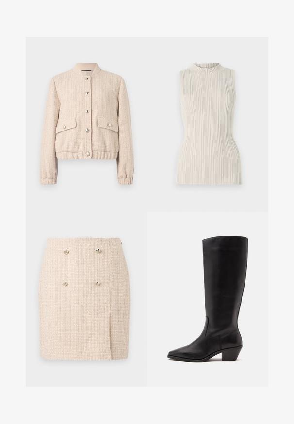 Veste bomber en tweed crème avec un col rond côtelé, des boutons argentés, deux poches avant et des poignets et un ourlet côtelés.; Top sans manches en beige clair, doté d'une texture côtelée et d'un col haut froncé. La silhouette cintrée met en valeur la forme.; Jupe beige texturée avec un motif tissé, dotée de deux boutons argentés proéminents à l'avant et d'un ourlet légèrement asymétrique.; Botte en cuir noire mi-mollet avec un bout pointu et un talon bas incliné sur un fond clair uni.