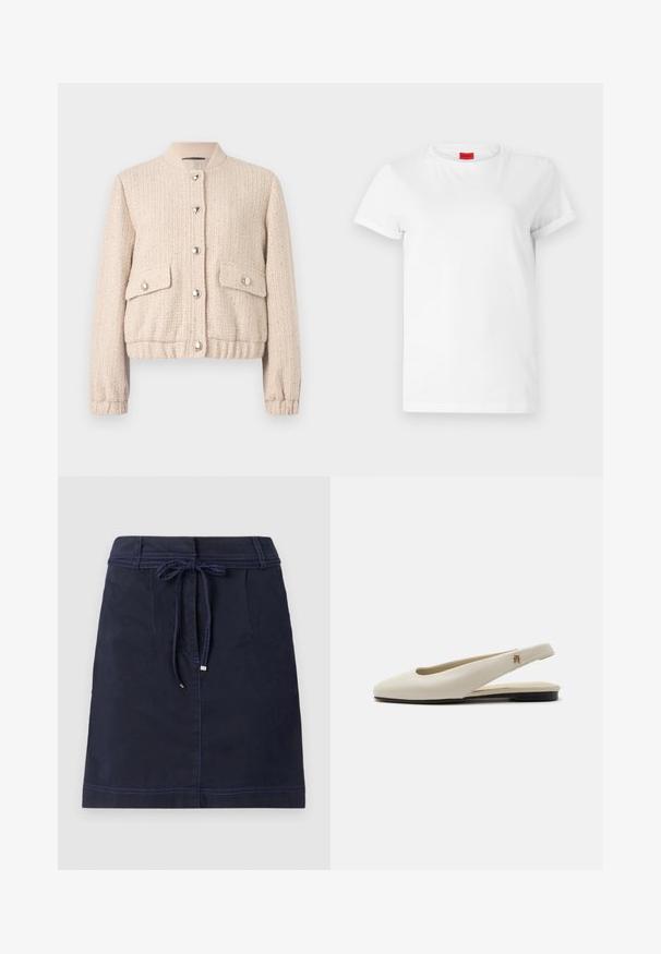 Creme farvet tweed bomberjakke med rund ribbet krave, sølvknapper, to frontlommer samt ribbede mansjetter og kant.; Hvid kortærmet t-shirt lavet af letvægts bomuld. Har en rund halsudskæring og rullede ærmer. Rød logoetiket på kraven.; Marineblå nederdel i slidstærkt stof, med elastisk talje, sidelommer og kontrasterende syninger. A-linjeformet, knælængde.; Flatsko i cremefarvet læder med rundet tå og lille guldemblem på remmen.