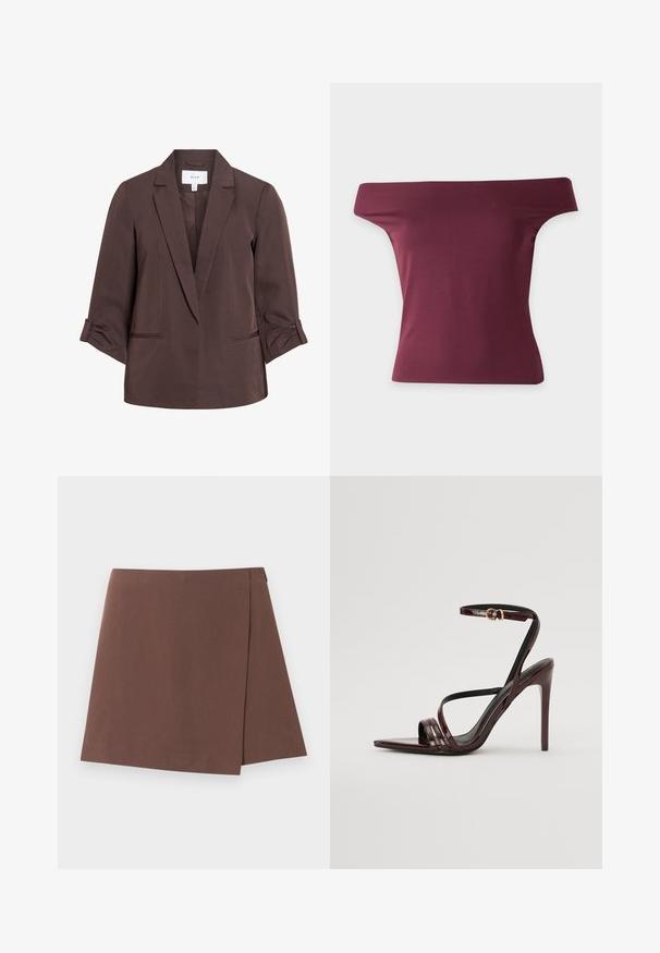 Blazer marron sur mesure avec revers crantés et manches trois-quarts retroussées, avec deux poches fendues à l'avant et une étiquette VILA à l'intérieur du col.; Haut bordeaux moulant à épaules dénudées, à encolure large et manches courtes, présenté sur fond blanc uni.; Jupe trapèze marron avec un léger détail de superposition à l'avant, en tissu lisse, présentée sur un fond uni clair.; Sandale à talons hauts en cuir verni bourgogne avec une bride de cheville, bout pointu et trois bandes horizontales sur le pied. Détail de boucle dorée.