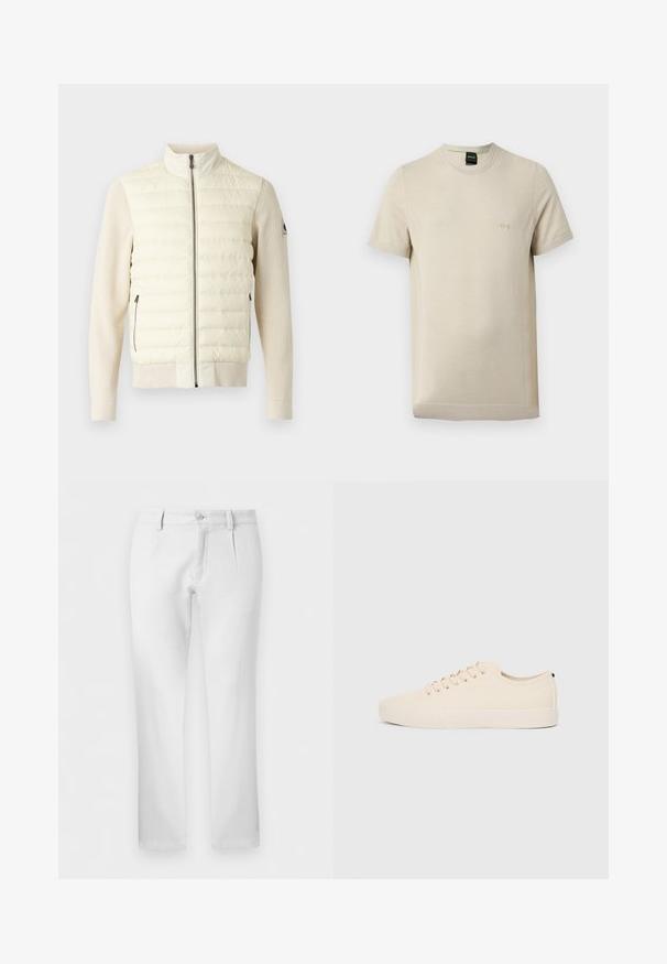 Doudoune de couleur claire avec un col montant, un devant matelassé, des manches en tricot côtelé et deux poches latérales zippées. Texture lisse dans l'ensemble.; T-shirt beige à manches courtes avec col rond, texture subtile et petit logo "BOSS" en relief sur la poitrine gauche.; Pantalon blanc droit avec passants pour ceinture, fermeture par bouton et plis avant sur fond uni.; Baskets en toile beige avec bout arrondi, semelle en caoutchouc plate et lacets à l'avant. Présente un design minimaliste et un accent noir contrastant au niveau du talon.