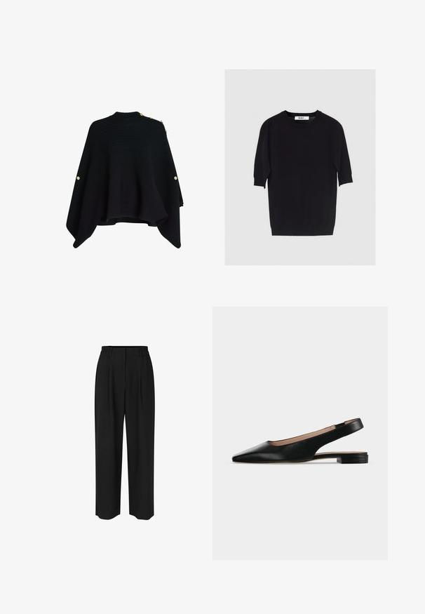Sort strikket poncho med høj krave, der har guldtonede knapper på den ene skulder og en bred, asymmetrisk kant.; Sort kortærmet t-shirt med rund halsudskæring, ribstrikkede ærmeafslutninger og kant, lagt fladt på en lys baggrund, mærkat med teksten "DAY".; Sorte bukser med højt talje, vid ben, bæltestropper, forreste læg og lige kant, vist på hvid baggrund.; Sort læder slingback flad sko med spids tå og lav firkantet hæl på hvid baggrund.