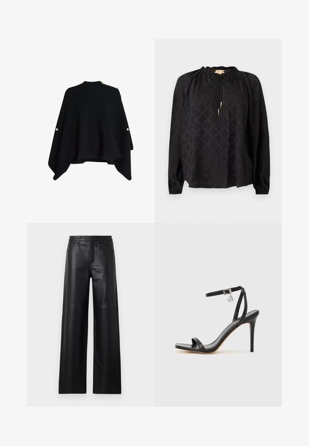 Sort strikket poncho med høj krave, der har guldtonede knapper på den ene skulder og en bred, asymmetrisk kant.; Sort langærmet bluse med en indsnævret halsudskæring, snørre og et diskret tone-i-tone mønster over hele. Ærmer med elastiske manchetter.; Bredde ben sorte læderbukser med en glat tekstur, der har frontlommer, knaplukning og subtile syninger.; Sort hæl-sandal med smal ankrem, firkantet tå-boks, glat lædermateriale og metalspænde som pynt.
