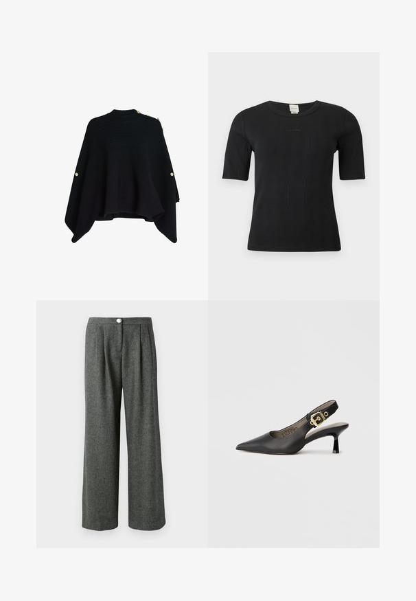 Sort strikket poncho med høj krave, der har guldtonede knapper på den ene skulder og en bred, asymmetrisk kant.; Sort ribbet Calvin Klein top med korte ærmer, rund halsudskæring og diskret logo broderet på brystet mod en ensfarvet baggrund.; Grå, vide benbukser i et struktureret hørmønster med frontfolder og en knaplukning i taljen.; Sort slingback højhælt sko med spids tå, glat læderstruktur og en guldfarvet spændeaccent på remmen.