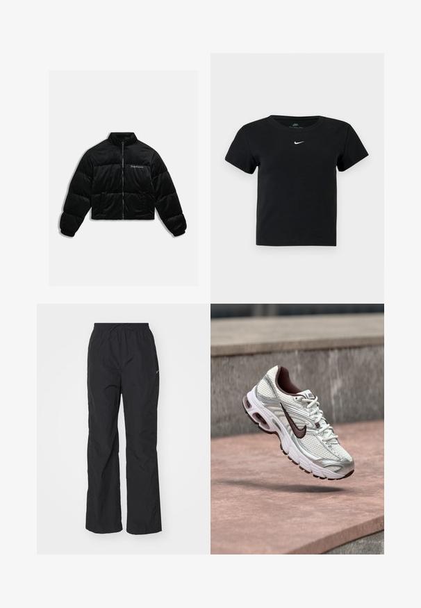 Veste courte en duvet noire en velours doux. Présente un col haut, une fermeture éclair à l'avant et deux poches latérales. Comprend une broderie de logo sur la poitrine.; T-shirt noir à côtes avec des manches courtes, arborant un petit logo blanc de Nike sur la poitrine et un col rond.; Pantalons noirs légers avec une taille élastique et un cordon de serrage. Présentent une finition texturée et un petit logo réfléchissant sur le côté.; Chaussure de running Nike blanche et argentée avec logo Swoosh noir suspendue au-dessus d'une surface en béton en extérieur.