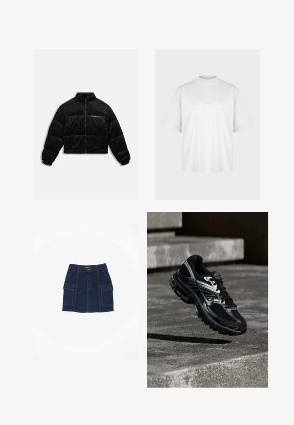 Sort cropped puffer jakke lavet af blødt velour. Har en høj krave, lynlås foran og to sidelommer. Inkluderer logo-broderi på brystet.; Pegador GABI HEAVY OVERSIZED TEE - T-shirts print - white; Jeansskørt i mørkeblå, med en lige pasform, to store frontlommer og kontrastsyninger. Materialet har en robust tekstur.; Sort og sølv Nike løbesko svævende over betontrappe, viser detaljeret design og tekstureret sål i udendørs omgivelser.