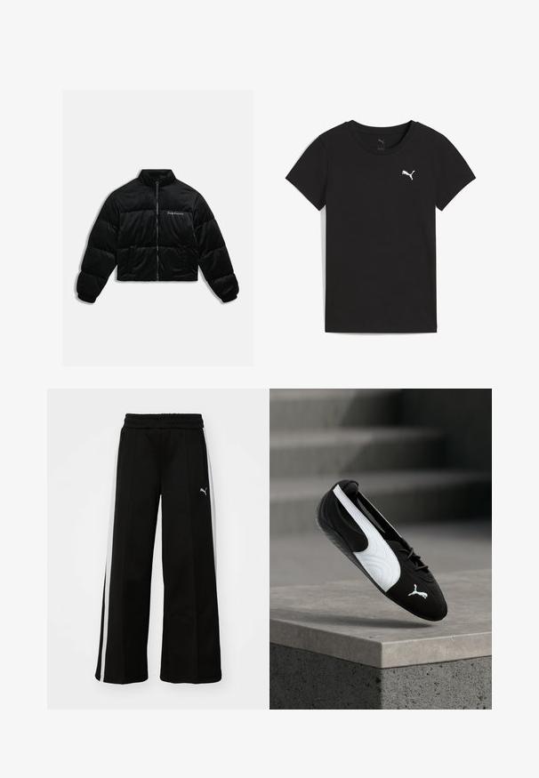 Sort cropped puffer jakke lavet af blødt velour. Har en høj krave, lynlås foran og to sidelommer. Inkluderer logo-broderi på brystet.; Sort Puma T-shirt med korte ærmer, rund hals og hvidt Puma-logo på venstre bryst.; Sorte bukser med vide ben, elastisk talje, lodrette hvide striber, sidelivlommer og et lille logo på låret.; Sort-hvid Puma sneaker med snørebånd, svævende over en betonkant mod en sløret grå trappebaggrund.