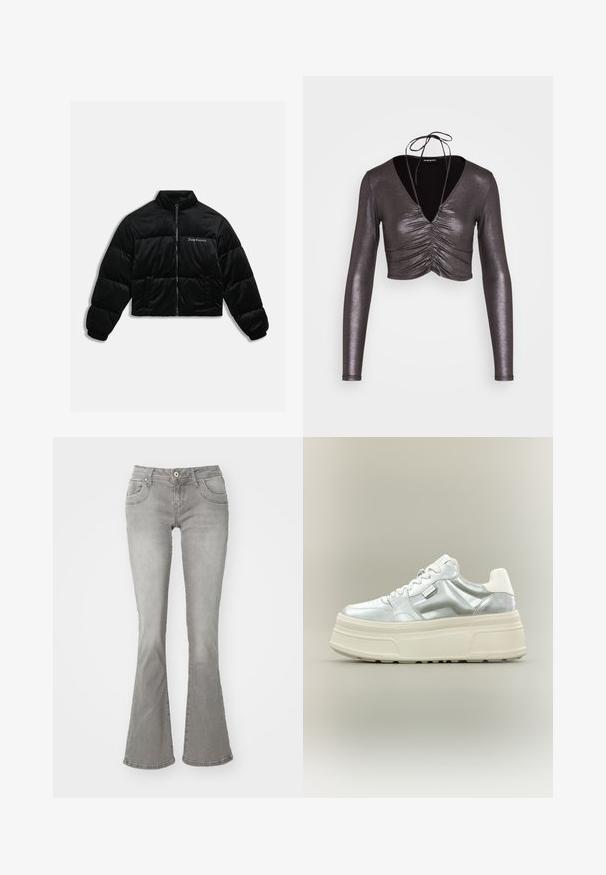 Sort cropped puffer jakke lavet af blødt velour. Har en høj krave, lynlås foran og to sidelommer. Inkluderer logo-broderi på brystet.; Even&Odd Langærmet T-shirt - black/silver; Grå flagrende jeans med en middelhøj talje, frontlommer og knaplukning, lavet af denimstof med en glat tekstur.; Kraftig platform-sneaker med metallic sølv overdel, hvide snørebånd og tyk cremefarvet tekstureret sål, vist i sideprofil på neutral baggrund.