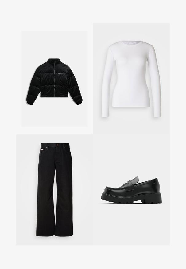 Sort cropped puffer jakke lavet af blødt velour. Har en høj krave, lynlås foran og to sidelommer. Inkluderer logo-broderi på brystet.; Hvid langærmet skjorte lavet af ribbet stof, med runde udskæring og tætsiddende pasform. Ingen mønstre eller accenter er til stede.; Sorte breddebenede jeans lavet af bomuld. Har forlommer, en knaplukning og en klassisk denimtekstur. Minimalistisk design uden mønstre.; Sorte læder loafers med en chunky tekstureret sål, der har en rem over vamps og en glat, poleret finish.