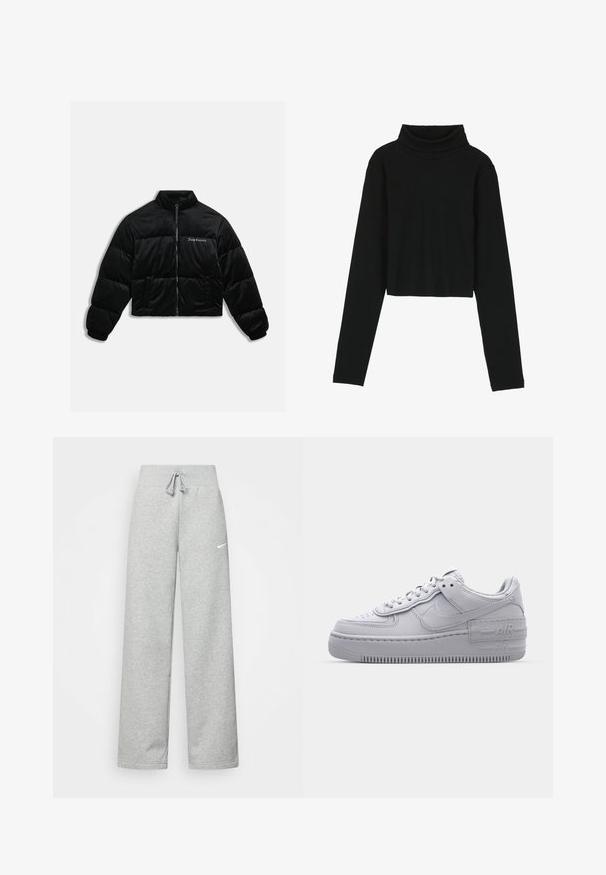 Veste courte en duvet noire en velours doux. Présente un col haut, une fermeture éclair à l'avant et deux poches latérales. Comprend une broderie de logo sur la poitrine.; Even&Odd by Zalando T-shirt à manches longues - black; Pantalon de survêtement gris avec une taille élastique, un détail de cordon de serrage et un petit logo Nike blanc sur la cuisse gauche. Tissu doux, coupe ample.; Basket en cuir lisse gris Nike Air Force 1 avec un bout perforé, une semelle épaisse et un détail 'AIR' en relief sur le talon.