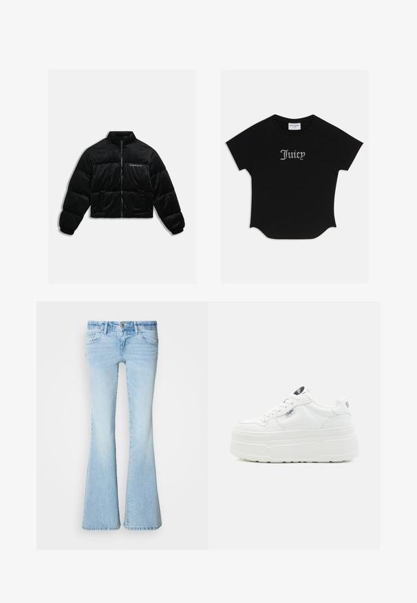 Veste courte en duvet noire en velours doux. Présente un col haut, une fermeture éclair à l'avant et deux poches latérales. Comprend une broderie de logo sur la poitrine.; T-shirt noir à manches courtes avec un ourlet arrondi et des manches raglan. Présente le texte "Juicy" rehaussé de strass à l'avant.; Jean évasé bleu clair en denim. Comprend cinq poches, une fermeture par bouton, et un lavage délavé avec un effet légèrement usé.; Baskets plateforme blanches avec un extérieur synthétique lisse, un bout arrondi, un col rembourré et une semelle texturée. Présente une étiquette logo contrastante.