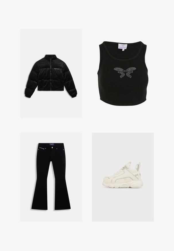 Zwarte cropped pufferjack gemaakt van zachte fluweel. Kenmerkt zich door een hoge kraag, ritssluiting aan de voorkant en twee zijzakken. Inclusief geborduurd logo op de borst.; Zwarte geribbelde crop top met een aansluitend ontwerp, voorzien van een vlindermotief van rhinestones aan de voorkant. Inclusief een label met de merknaam.; Zwarte flared jeans met vijf zakken, zilveren knoop en klinknagels, en een Juicy Couture-label op de tailleband en het muntzakje.; Witte chunky sneaker met zilveren accenten, dikke getextureerde zool, veterdesign en trek-lussen op hiel en tong, zijaanzicht op effen achtergrond.