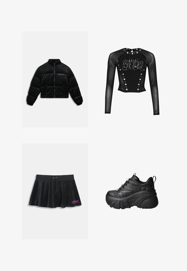 Zwarte cropped pufferjack gemaakt van zachte fluweel. Kenmerkt zich door een hoge kraag, ritssluiting aan de voorkant en twee zijzakken. Inclusief geborduurd logo op de borst.; Zwarte mesh top met lange mouwen met metalen oogjes langs het voorpaneel en de kraag, met zilveren gotische letters op de borst.; Zwarte velour minirok met een elastische tailleband, voorzien van een trekkoord en een roze geborduurd "Angel" detail aan de zoom.; Zwarte platform sneakers met een gebogen vorm, gestructureerd leer, dikke rubberen zool en decoratieve hardware op de veters.