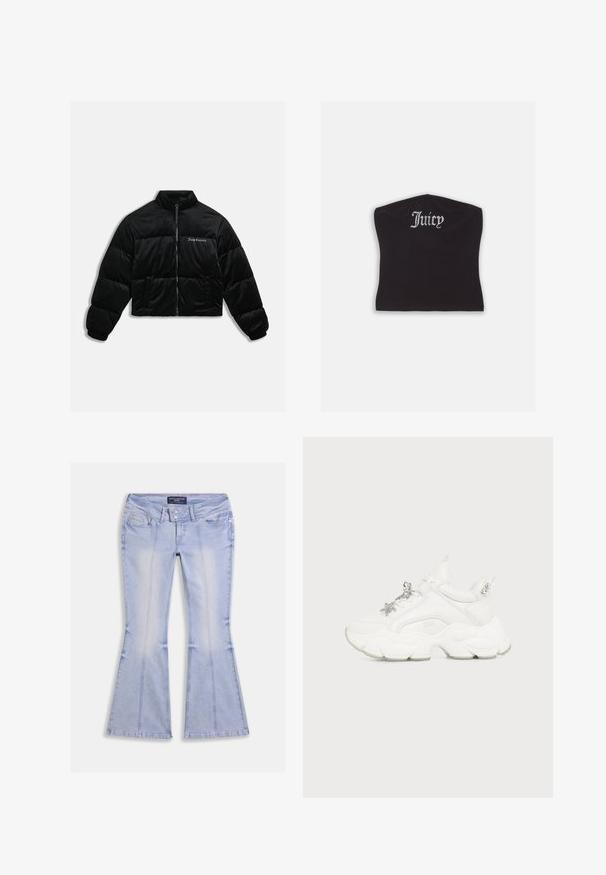 Sort cropped puffer jakke lavet af blødt velour. Har en høj krave, lynlås foran og to sidelommer. Inkluderer logo-broderi på brystet.; Sort tætsiddende crop top med en glat tekstur og en buet halsudskæring, udsmykket med rhinestones, der staver "Juicy" på forsiden.; Lyseblå flare jeans med lommer foran og bagpå, dobbelt knaplukning og synlige sømme hele vejen rundt.; Hvid chunky sneaker med tyk tekstureret sål, sølv charms i form af stjerne og sommerfugl på snørebånd og sølv nitter på hælflappen.