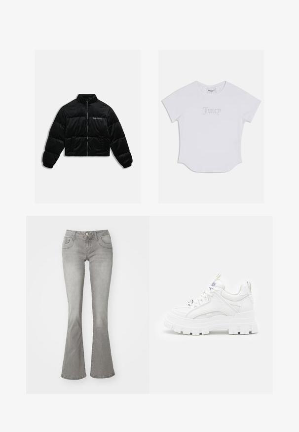 Sort cropped puffer jakke lavet af blødt velour. Har en høj krave, lynlås foran og to sidelommer. Inkluderer logo-broderi på brystet.; Hvid T-shirt med korte ærmer og rund kant, med "Juicy" i krystal dekorationer på fronten. Blødt bomuldsstof.; Grå flagrende jeans med en middelhøj talje, frontlommer og knaplukning, lavet af denimstof med en glat tekstur.; Hvide chunky sneakers med en tekstureret overdel, polstret krave og tyk, rillede sål. Har kontrastfarvede sorte snørebånd og brandingdetaljer.