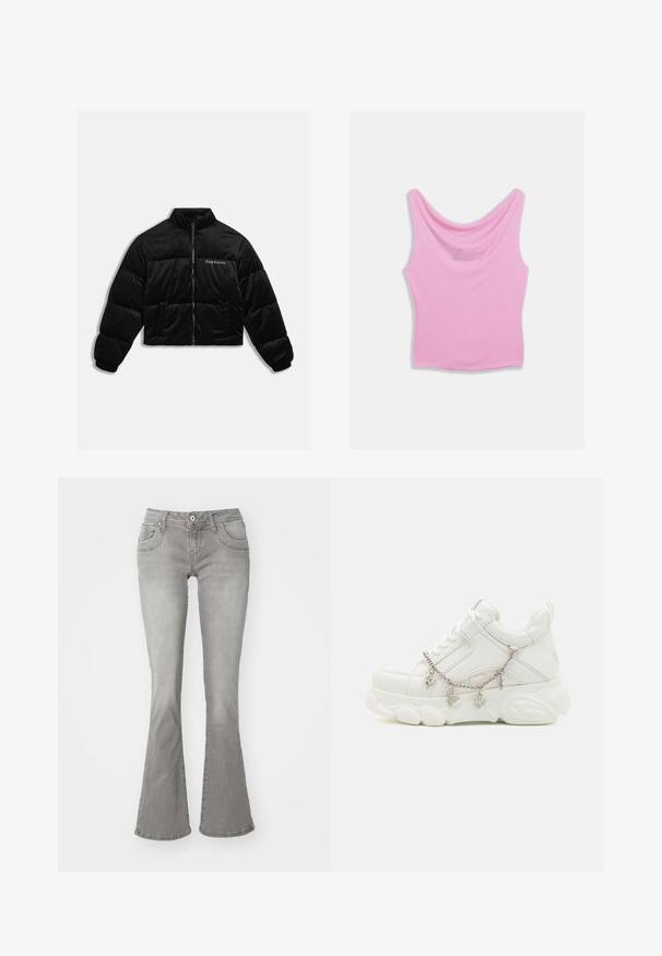 Sort cropped puffer jakke lavet af blødt velour. Har en høj krave, lynlås foran og to sidelommer. Inkluderer logo-broderi på brystet.; Pink tanktop med rund halsudskæring og tætsiddende silhuet, med "Juicy" skrevet i rhinsten hen over brystet. Blød stoftekstur.; Grå flagrende jeans med en middelhøj talje, frontlommer og knaplukning, lavet af denimstof med en glat tekstur.; Hvide sneakers med en kraftig sål, tekstureret læderoverdel og dekorativ metal kæde med charms. Har snørebåndslukning og polstret krave.