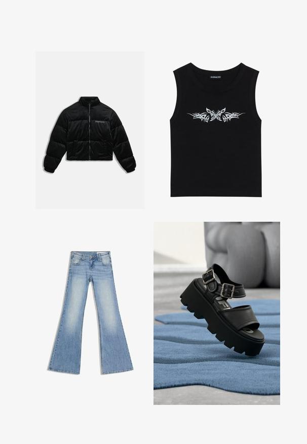 Zwarte cropped pufferjack gemaakt van zachte fluweel. Kenmerkt zich door een hoge kraag, ritssluiting aan de voorkant en twee zijzakken. Inclusief geborduurd logo op de borst.; Zwarte mouwloze top van katoen; met een metallic zilveren vlinder en tribale patroonontwerp over de borst. Ronde halslijn.; Lichtblauwe denim jeans met een hoge taille, voorkantzakken en wijde uitlopende pijpen, plat gelegd op een witte achtergrond.; Zwarte chunky platform sandaal met twee zilveren gespen op een blauw gestructureerd tapijt, op de achtergrond een wazige grijze sculptuur.
