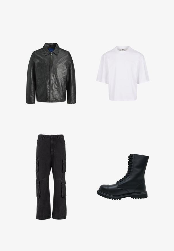 Veste en cuir noir avec une texture froissée, fermeture éclair et col. Elle possède des manches longues et des poches latérales.; T-shirt blanc à manches courtes avec un col rond et une coupe décontractée, fabriqué à partir d'un tissu en coton mélangé doux. Aucun motif ni embellissement.; Pantalons cargo noirs en denim, dotés d'une coupe ample, de plusieurs poches latérales et de détails cousus. La texture est légèrement usée.; Bottines en cuir noir à lacets avec un bout rond, une tige haute, une semelle en caoutchouc épaisse et une surface texturée. Comprend des piqûres renforcées le long des coutures.