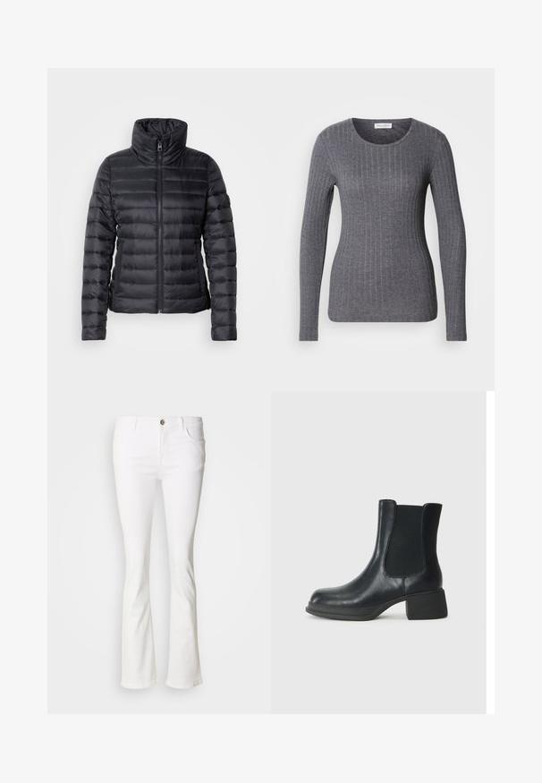 Doudoune noire avec col montant, fermeture éclair, design matelassé horizontal et texture lisse. Dispose de poches latérales et d'une silhouette ajustée.; T-shirt à manches longues gris foncé, texture côtelée, col rond, design moulant, fabriqué en tissu doux et extensible.; Jean blanc évasé avec cinq poches, fermeture bouton et zip, et coutures apparentes. Fabriqué en tissu denim, texture lisse.; Bottine en cuir noir avec panneaux latéraux élastiques, bout rond et petit talon en bloc. La surface a une texture lisse et un minimalisme dans les détails.
