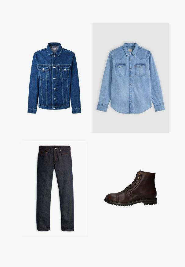 Denimjakke i mørkeblå, med knaplukning foran, to brystlommer og en klassisk krave. Syningerne er synlige langs sømmene.; Lyseblå denim langærmet skjorte med spids krave, to brystlommer med klapper og hvide trykknapper foran.; Mørkeblå denimjeans med lige pasform, fem-lomme design, kobbernitter, gul syning og et markant struktureret stof.; Mørkebrun læder snørebånd ankelstøvle med robuste gummisål og metaløjer, set fra den ydre side.