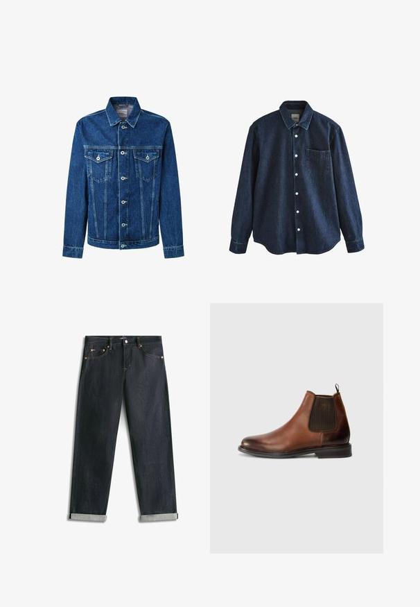 Denimjakke i mørkeblå, med knaplukning foran, to brystlommer og en klassisk krave. Syningerne er synlige langs sømmene.; Mørkeblå denim skjorte med lange ærmer, knapper foran, krave og en enkelt brystlomme, vist mod hvid baggrund.; Mørkeblå denimjeans med opsmøgede bukseben, fem lommer og kontrastsyning, lagt fladt på en hvid baggrund.; Brune læder Chelsea-støvle med elastisk sidepanel, rund tå og trækstrop, med en glat tekstur og kontrasterende mørkt panel.