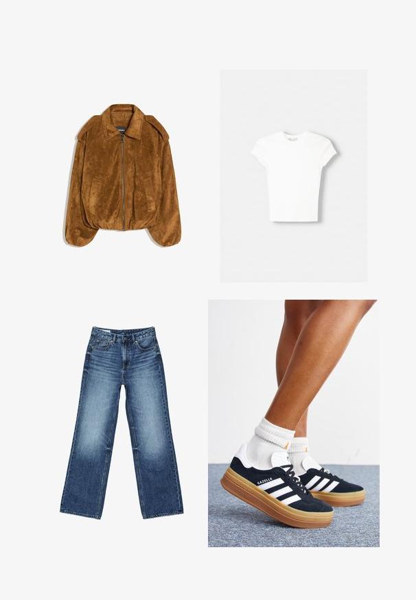 Veste bomber en daim marron avec une fermeture éclair frontale, un grand col et des poches latérales. Présente un ourlet arrondi et une finition douce et texturée.; T-shirt blanc à manches courtes en coton doux, avec un col rond et une coupe ajustée. Pas de motifs ni d'ornements visibles.; Jean en denim bleu avec un effet délavé sur les cuisses, coupe droite à jambes larges, fermeture avant avec bouton, fermeture éclair, et style cinq poches.; Jambes portant des chaussettes blanches et des baskets Adidas Gazelle noires avec des bandes blanches et des semelles épaisses marron sur un sol recouvert de moquette grise.