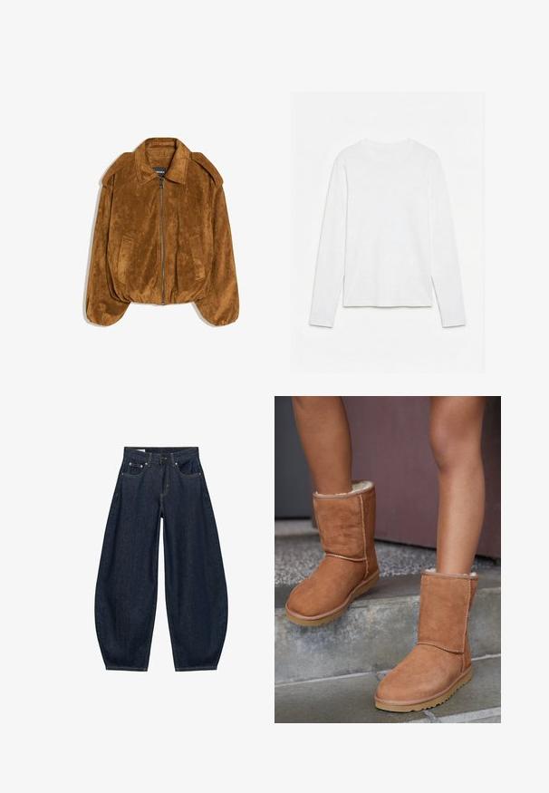 Veste bomber en daim marron avec une fermeture éclair frontale, un grand col et des poches latérales. Présente un ourlet arrondi et une finition douce et texturée.; T-shirt blanc uni à manches longues et col rond, posé à plat sur une surface blanche, montrant l'avant et la longueur complète des manches.; Jean en denim bleu foncé à jambes larges avec poches avant, passants de ceinture et fermeture par bouton à la taille.; Bottines en suede marron, à bout rond, avec une doublure douce et une semelle en caoutchouc, présentant des détails de couture visibles le long des coutures.