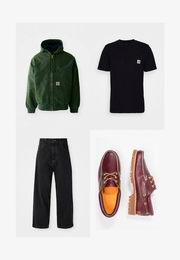 Veste à capuche en coton vert avec une fermeture éclair à l'avant, deux grandes poches, des poignets côtelés et un patch logo sur la poitrine gauche.; T-shirt en coton noir à manches courtes, col rond et poche poitrine avec un petit patch logo carré. Design simple et uni.; Jeans en denim noirs à coupe large avec taille haute, bouton avant, fermeture éclair et surpiqûres jaunes sur les poches et les coutures.; Chaussures en cuir bourgogne avec semelles en caoutchouc marron, bout rond, couture blanche et œillets dorés. L'intérieur présente une doublure jaune.